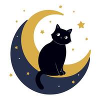 Black cat sitting on the moon with stars and stars vector