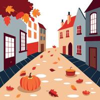 Autumn scene with pumpkins and leaves on the street vector