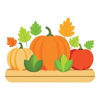 Pumpkins and leaves on a wooden shelf vector