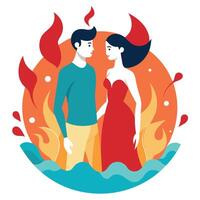 A man and woman are standing in front of a fire vector