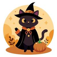 A black cat dressed as a witch with a pumpkin vector