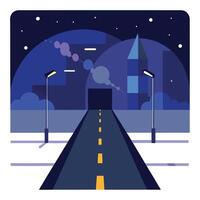 An illustration of a road at night with a city in the background vector