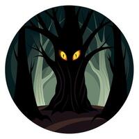 A scary forest with a tree with glowing eyes vector