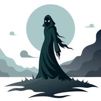 A grim reaper standing on a hill with a full moon in the background vector