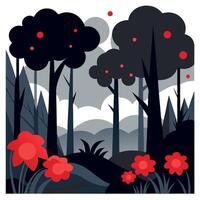 A black and red forest with flowers and trees vector