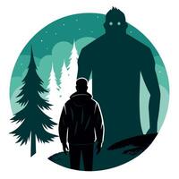 A man is standing in front of a big monster vector