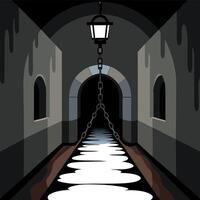 A dark tunnel with a light and chain vector