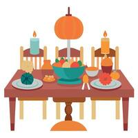 Thanksgiving dinner table with pumpkin, apples, and candles vector