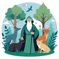 An illustration of a wizard with animals vector
