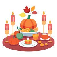 Thanksgiving table with pumpkin, candles and other items vector