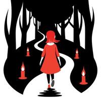 A girl in red dress walking down a path in the woods vector