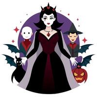 Evil queen with three witches and bats vector