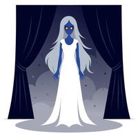 A woman in a white dress standing in front of a curtain vector
