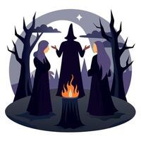 Three witches standing around a campfire in the woods vector