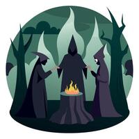 Three witches are standing around a campfire vector