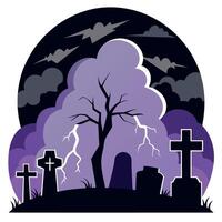 Halloween background with graveyard, tree and lightning vector
