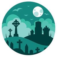 A flat illustration of a graveyard with crosses and tombstones vector