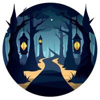 A path through the woods at night with lanterns vector
