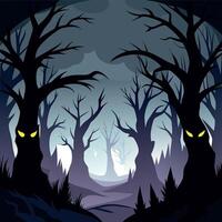 A dark forest with trees and a creepy looking tree vector