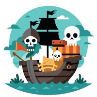 Pirate ship with skeleton and cat illustration vector
