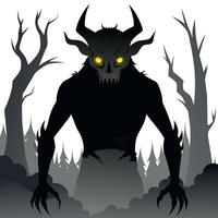 A black and white illustration of a demon with yellow eyes vector