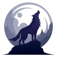 A wolf howling at the moon in the background vector