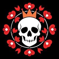 A skull with a crown and red flowers in a circle vector