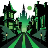 A green street with houses and a castle in the background vector
