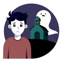 A man is standing in front of a church and a ghost vector