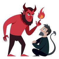 A cartoon devil is standing next to a man who is kneeling down vector