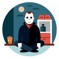 A man in a black jacket sitting in a circle with a mask on vector