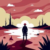 A man in a red hat stands in front of a river vector