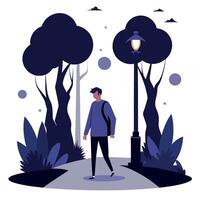 Man walking in the park at night illustration vector