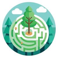 A maze with a tree in the middle and a forest around it vector