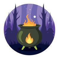 A cauldron with fire and a witch in the background vector