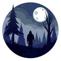 A man walking in the woods at night with a full moon in the background vector