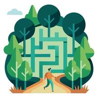 A man is walking through a maze in the forest vector