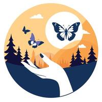 A hand holding a butterfly and a forest background vector