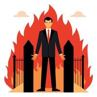 A man in a suit standing in front of a gate with flames vector
