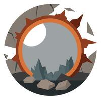 A round mirror with rocks and a mountain in the background vector