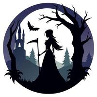 A silhouette of a woman holding a scythe in the forest vector