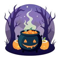 Halloween cauldron with pumpkins and witches in the background vector