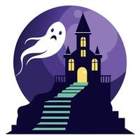 Halloween ghost house with stairs and ghost vector