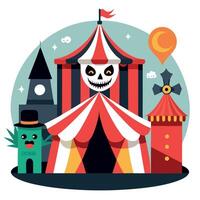 A cartoon circus tent with a skull and a monster vector