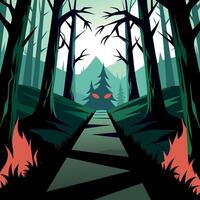 A forest path with trees and fire in the background vector