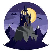 Halloween castle with bats and moon on background vector