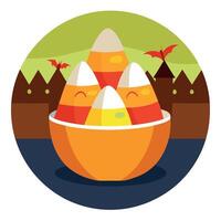 Halloween candy corn in a bowl with castle in background vector