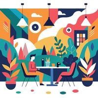 A poster with two people sitting at a table in a cafe vector