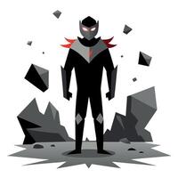 A cartoon superhero standing in front of a pile of rocks vector