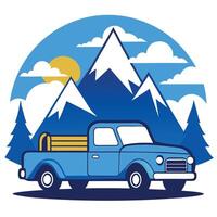 A blue truck with a mountain in the background vector